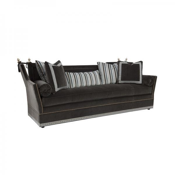 The Monarch is a Gray Velvet Sofa with Nailhead Trim